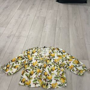 Marc New York Andrew Marc M Linen Viscose Lemon Print Blouse Tie Front